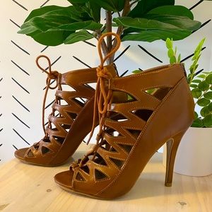 Faux Brown Leather Lace Up Heeled Ankle Booties with Zipper
